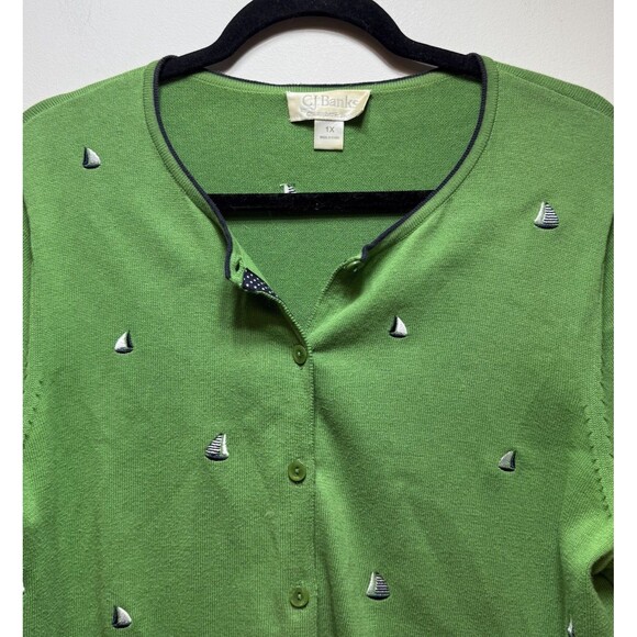 Christopher & Banks Sweaters - Vintage CJ Banks Cardigan 1X  Kelly Green Embroidered Sailboats Coastal Grandma